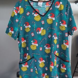 Dr. Seuss Grinch Holiday Scrub Top - Green and Red